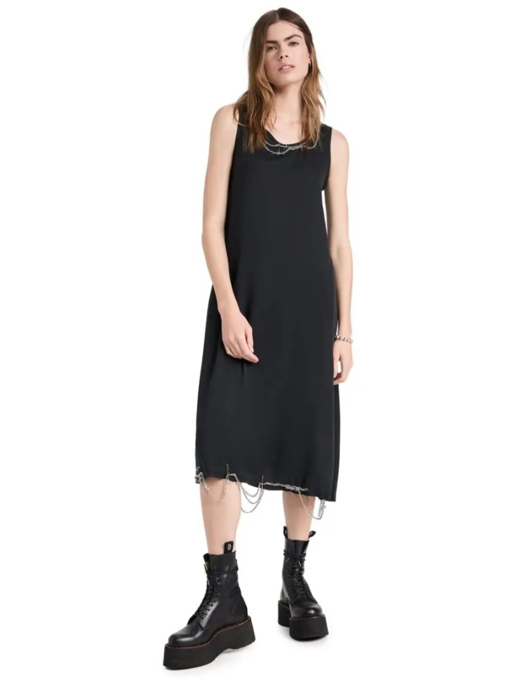 R13 Black Sleeveless Midi Dress with Chain at Neck & Hem